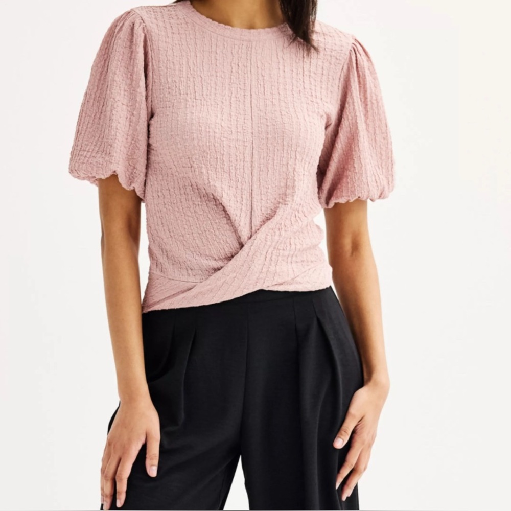 Nine West Puff Sleeve Textured Banded Pullover Top